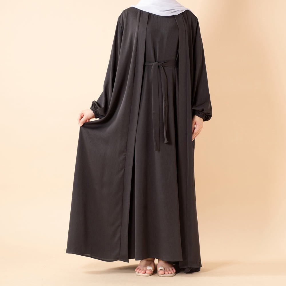 NIDA ZOOM Textured Abaya Set | 3 - Piece Modest Dress with Pockets & Belt(MOA239) - Mariam's Collection
