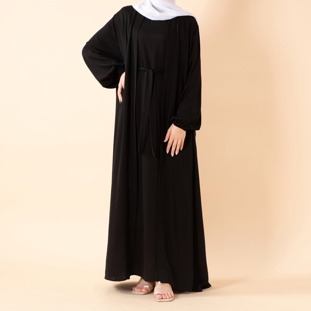 NIDA ZOOM Textured Abaya Set | 3 - Piece Modest Dress with Pockets & Belt(MOA239) - Mariam's Collection