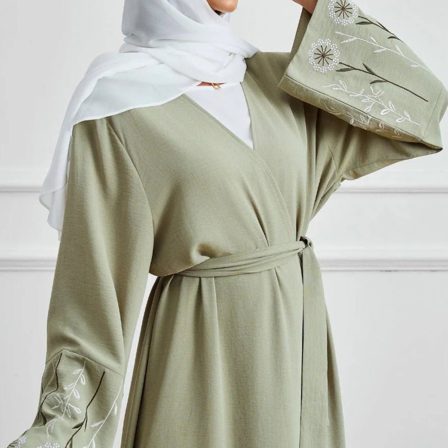 Olive Green Embroidered Abaya Set | Muslim Fashion Cardigan with Belt & Floral Embroidery (MOA166) - Mariam's Collection