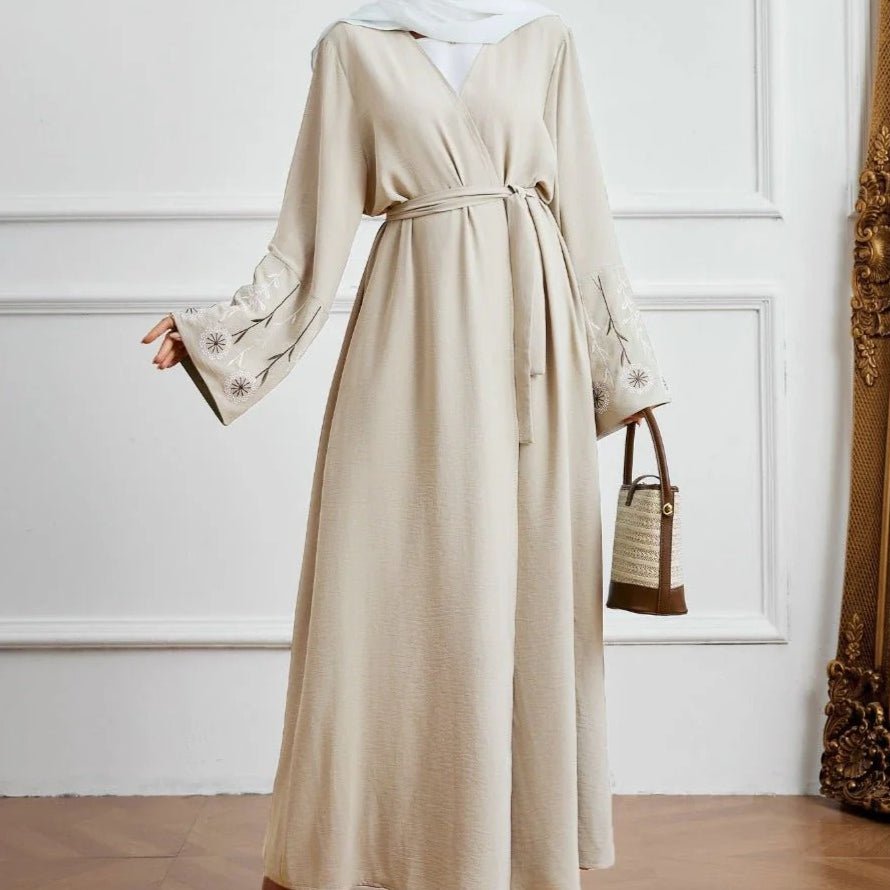 Olive Green Embroidered Abaya Set | Muslim Fashion Cardigan with Belt & Floral Embroidery (MOA166) - Mariam's Collection