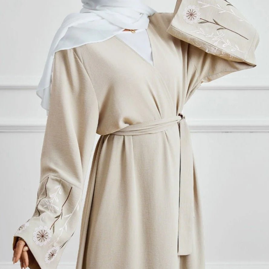 Olive Green Embroidered Abaya Set | Muslim Fashion Cardigan with Belt & Floral Embroidery (MOA166) - Mariam's Collection