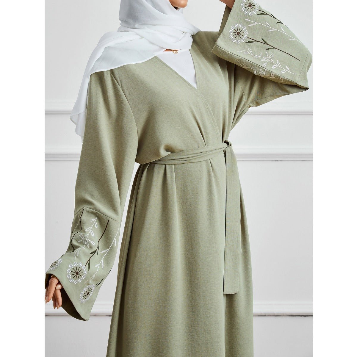 Olive Green Embroidered Abaya Set | Muslim Fashion Cardigan with Belt & Floral Embroidery.(MOA166) - Mariam's Collection