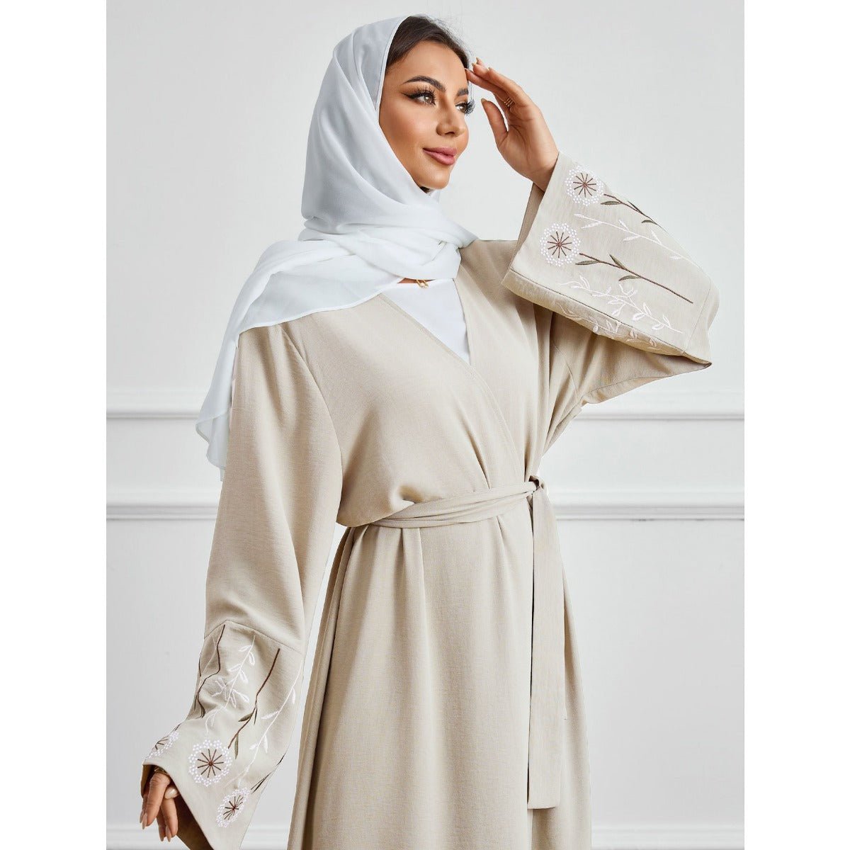 Olive Green Embroidered Abaya Set | Muslim Fashion Cardigan with Belt & Floral Embroidery.(MOA166) - Mariam's Collection