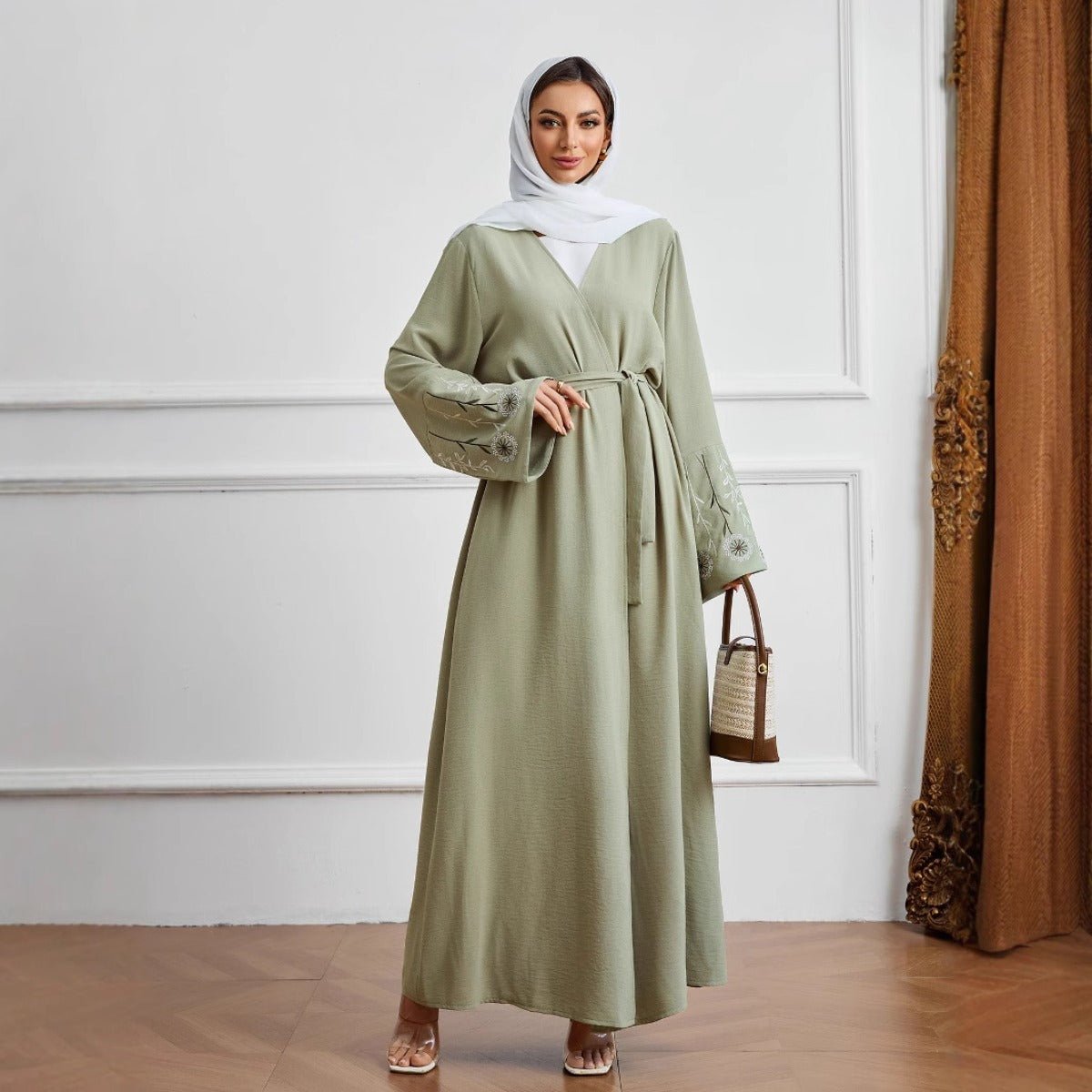 Olive Green Embroidered Abaya Set | Muslim Fashion Cardigan with Belt & Floral Embroidery.(MOA166) - Mariam's Collection