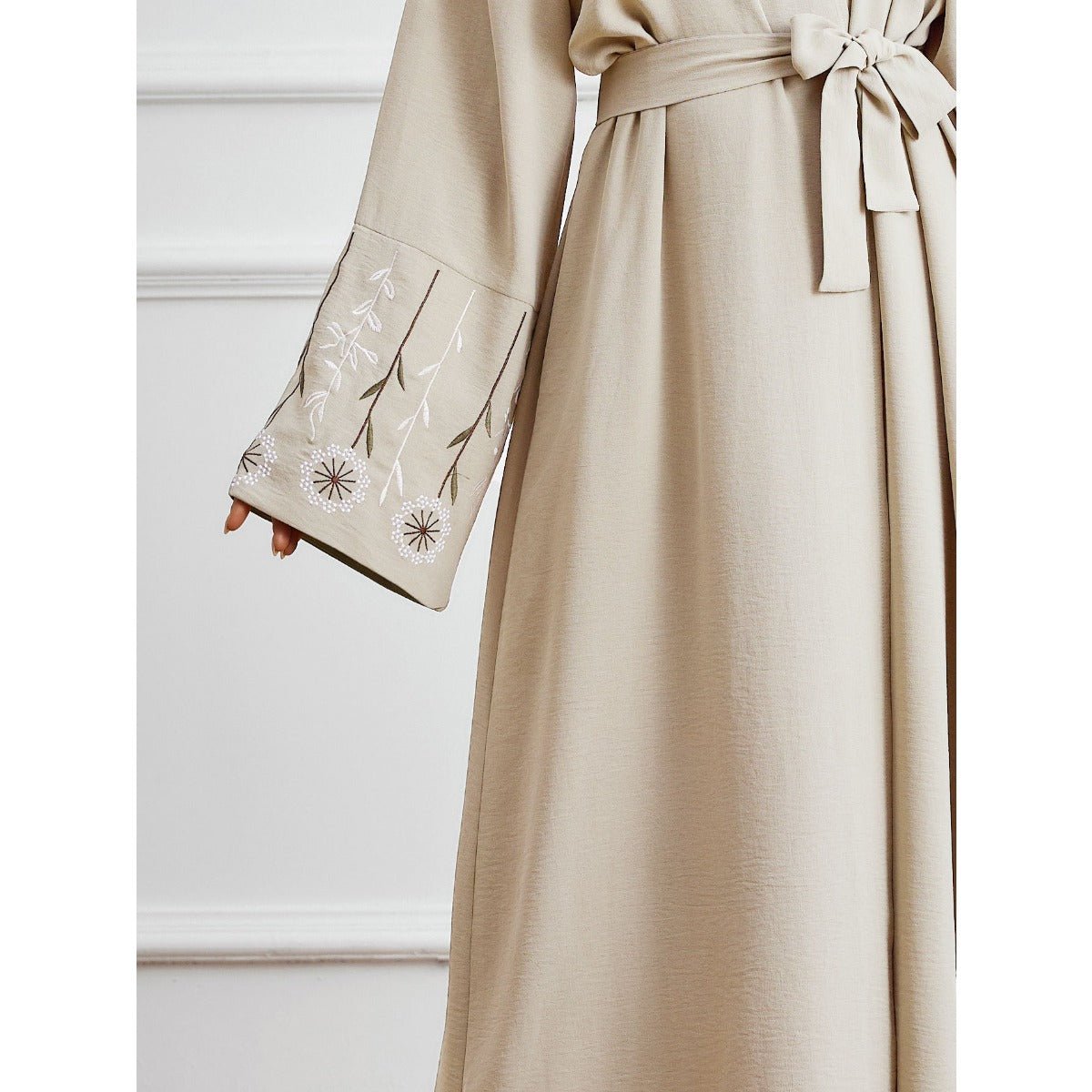 Olive Green Embroidered Abaya Set | Muslim Fashion Cardigan with Belt & Floral Embroidery.(MOA166) - Mariam's Collection