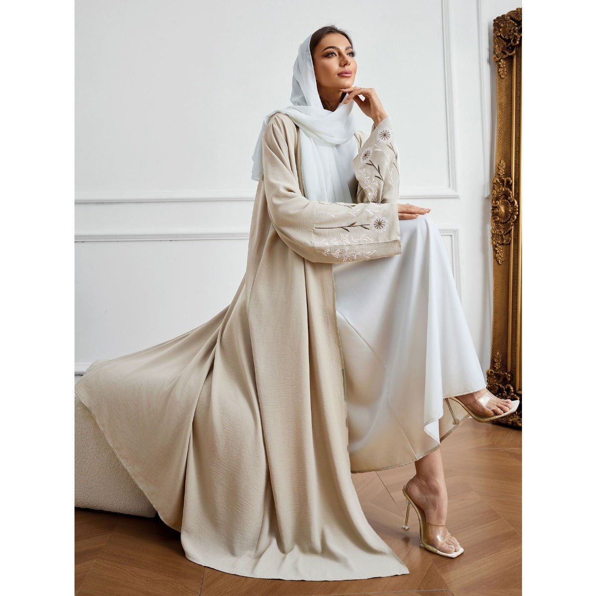 Olive Green Embroidered Abaya Set | Muslim Fashion Cardigan with Belt & Floral Embroidery.(MOA166) - Mariam's Collection