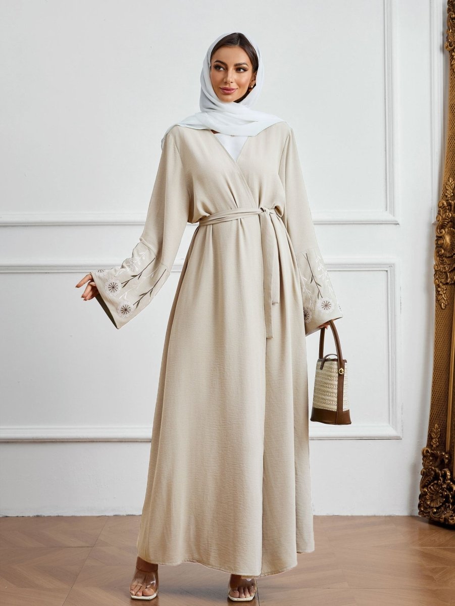 Olive Green Embroidered Abaya Set | Muslim Fashion Cardigan with Belt & Floral Embroidery.(MOA166) - Mariam's Collection