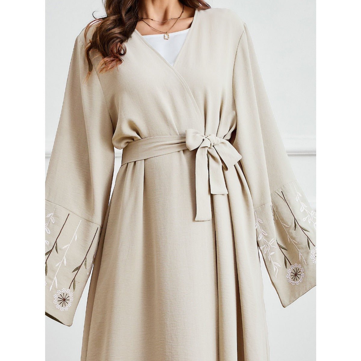 Olive Green Embroidered Abaya Set | Muslim Fashion Cardigan with Belt & Floral Embroidery.(MOA166) - Mariam's Collection