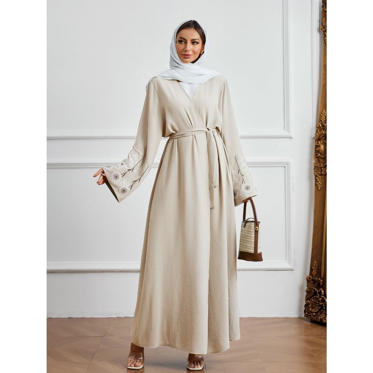 Olive Green Embroidered Abaya Set | Muslim Fashion Cardigan with Belt & Floral Embroidery.(MOA166) - Mariam's Collection