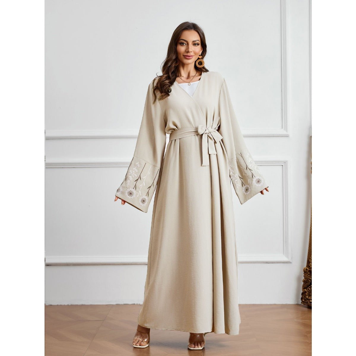 Olive Green Embroidered Abaya Set | Muslim Fashion Cardigan with Belt & Floral Embroidery.(MOA166) - Mariam's Collection