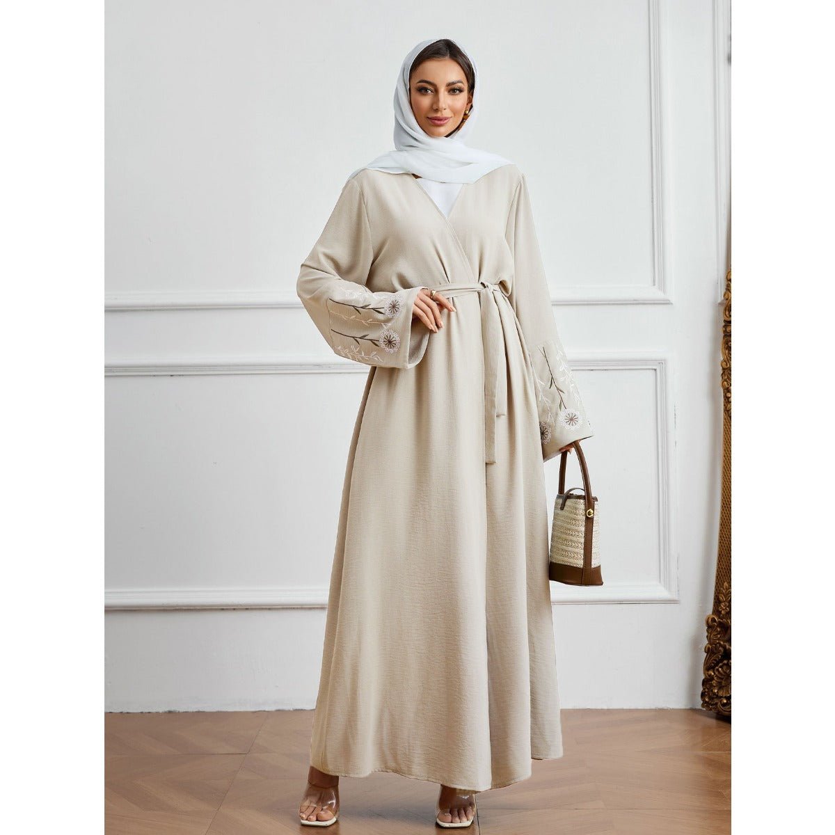 Olive Green Embroidered Abaya Set | Muslim Fashion Cardigan with Belt & Floral Embroidery.(MOA166) - Mariam's Collection