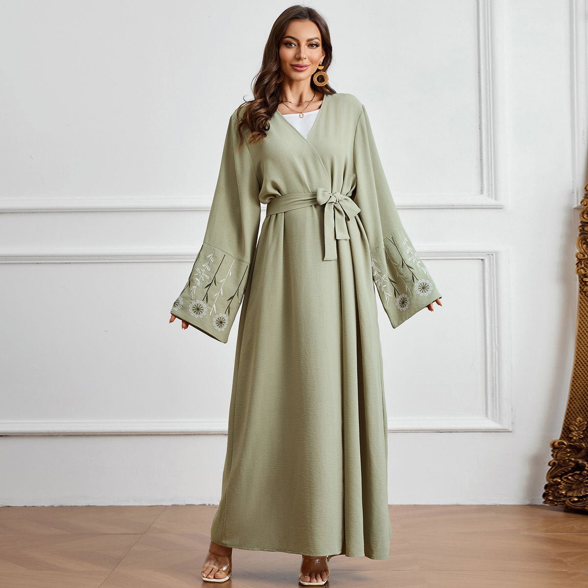 Olive Green Embroidered Abaya Set | Muslim Fashion Cardigan with Belt & Floral Embroidery.(MOA166) - Mariam's Collection
