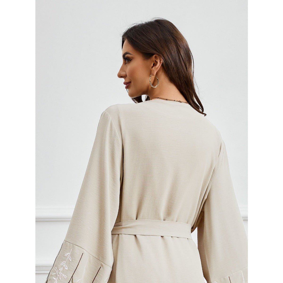 Olive Green Embroidered Abaya Set | Muslim Fashion Cardigan with Belt & Floral Embroidery.(MOA166) - Mariam's Collection