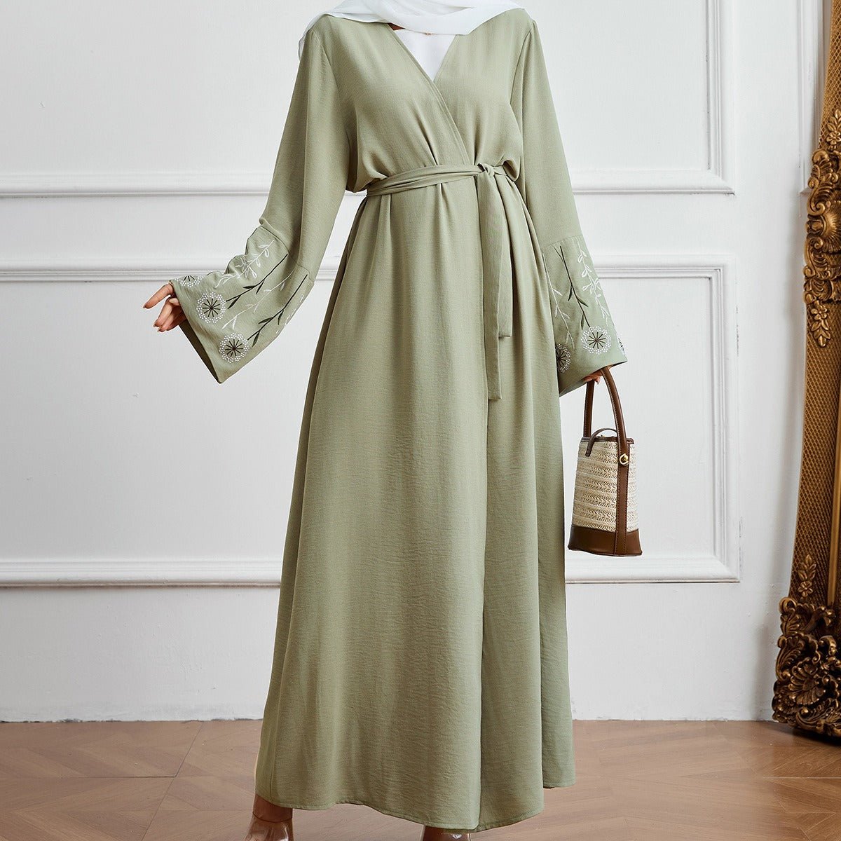 Olive Green Embroidered Abaya Set | Muslim Fashion Cardigan with Belt & Floral Embroidery.(MOA166) - Mariam's Collection