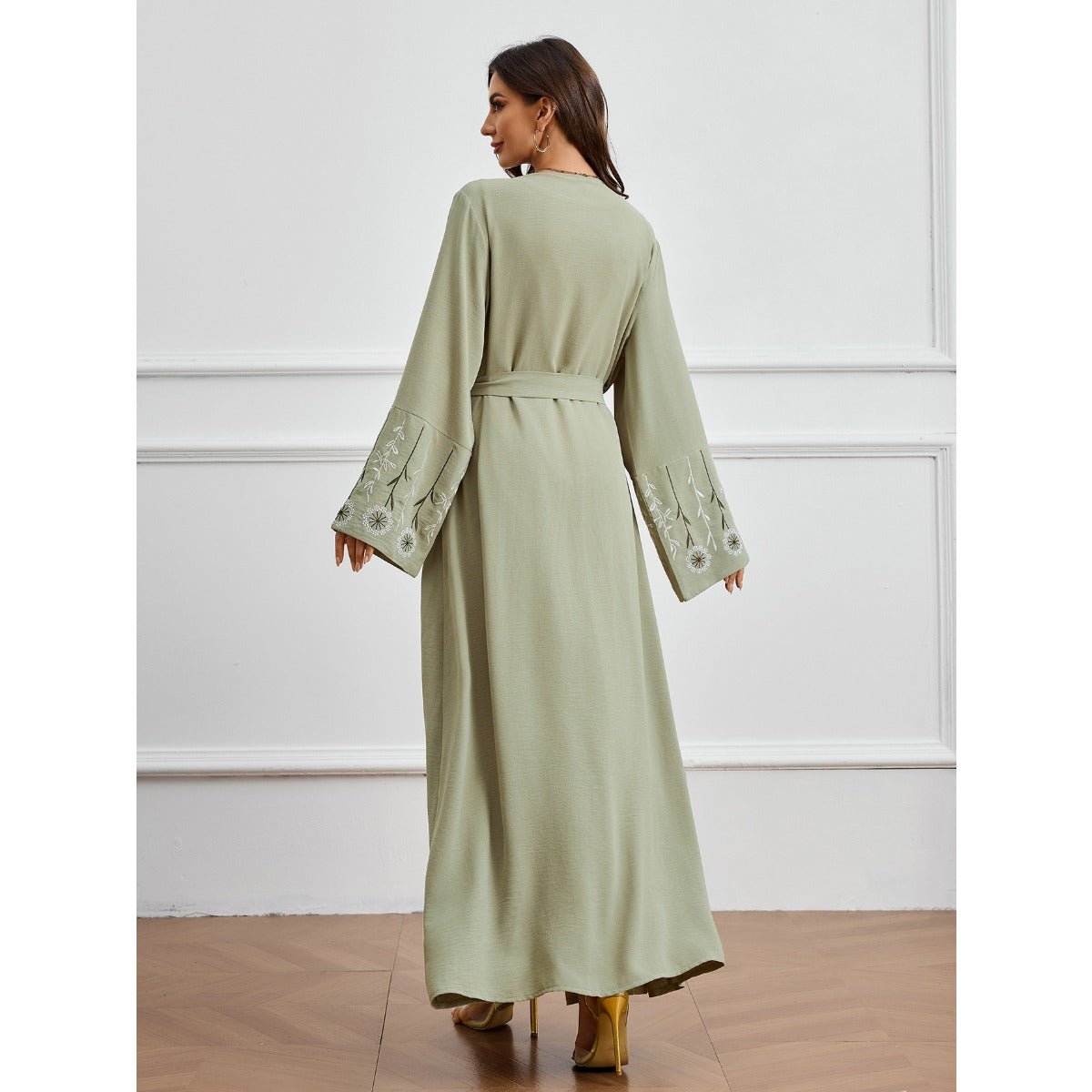Olive Green Embroidered Abaya Set | Muslim Fashion Cardigan with Belt & Floral Embroidery.(MOA166) - Mariam's Collection