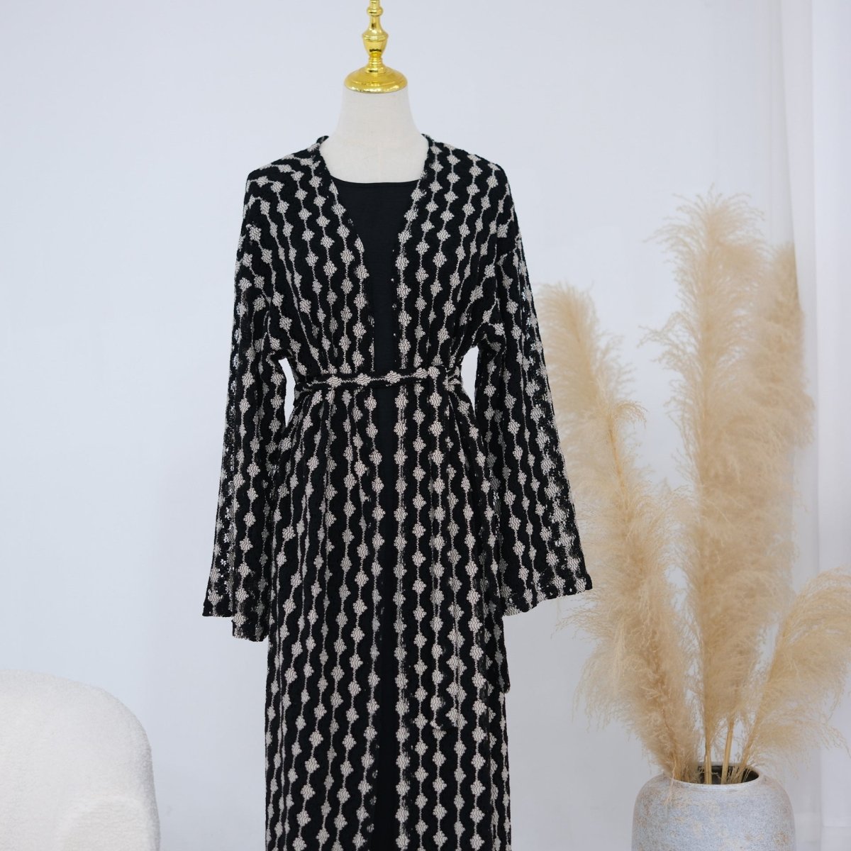Openwork lace abaya open front falling naturally without fastening