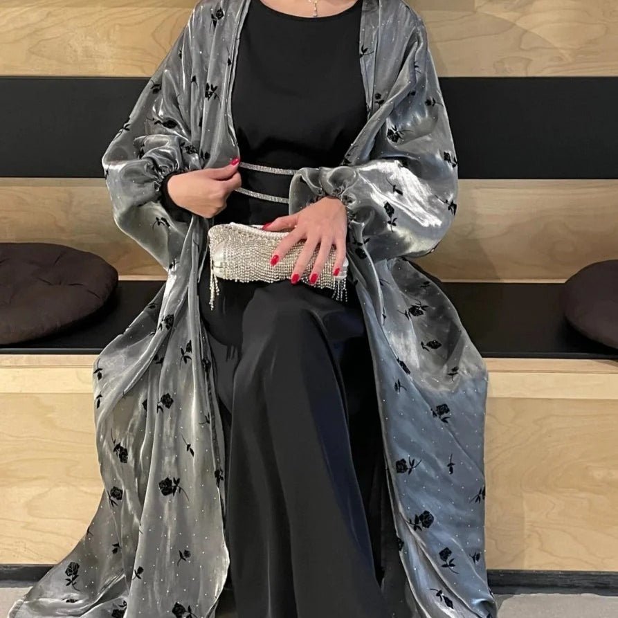 Organza Rose Flower Embroidery Butterfly Open Abaya (MOA115) - Mariam's Collection