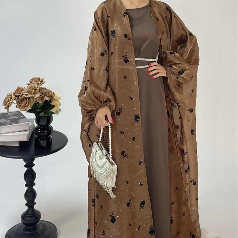 Organza Rose Flower Embroidery Butterfly Open Abaya (MOA115) - Mariam's Collection