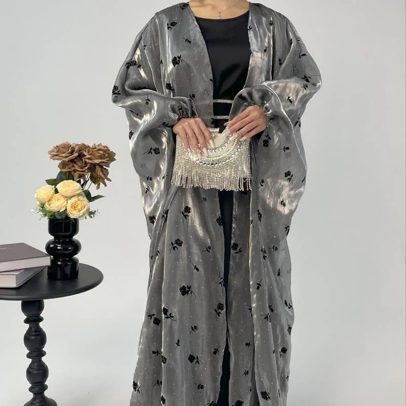 Organza Rose Flower Embroidery Butterfly Open Abaya (MOA115) - Mariam's Collection