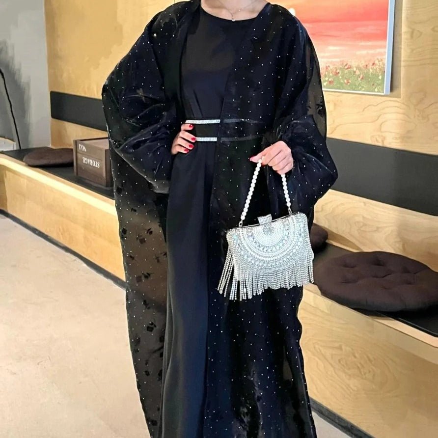 Organza Rose Flower Embroidery Butterfly Open Abaya (MOA115) - Mariam's Collection