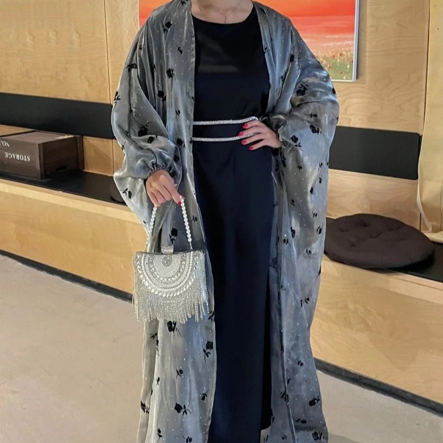 Organza Rose Flower Embroidery Butterfly Open Abaya (MOA115) - Mariam's Collection