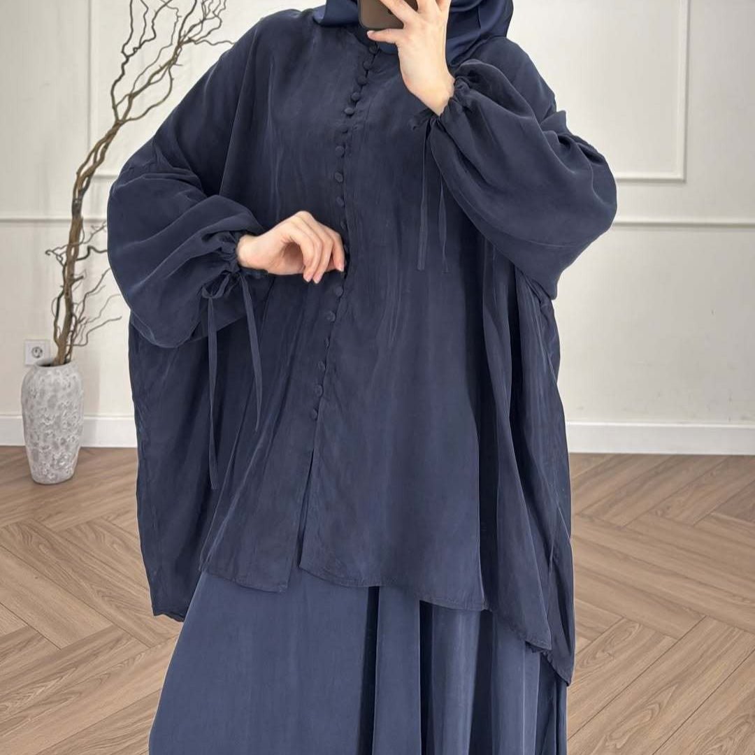 Batwing tunic and maxi skirt ensemble in coffee with full coverage