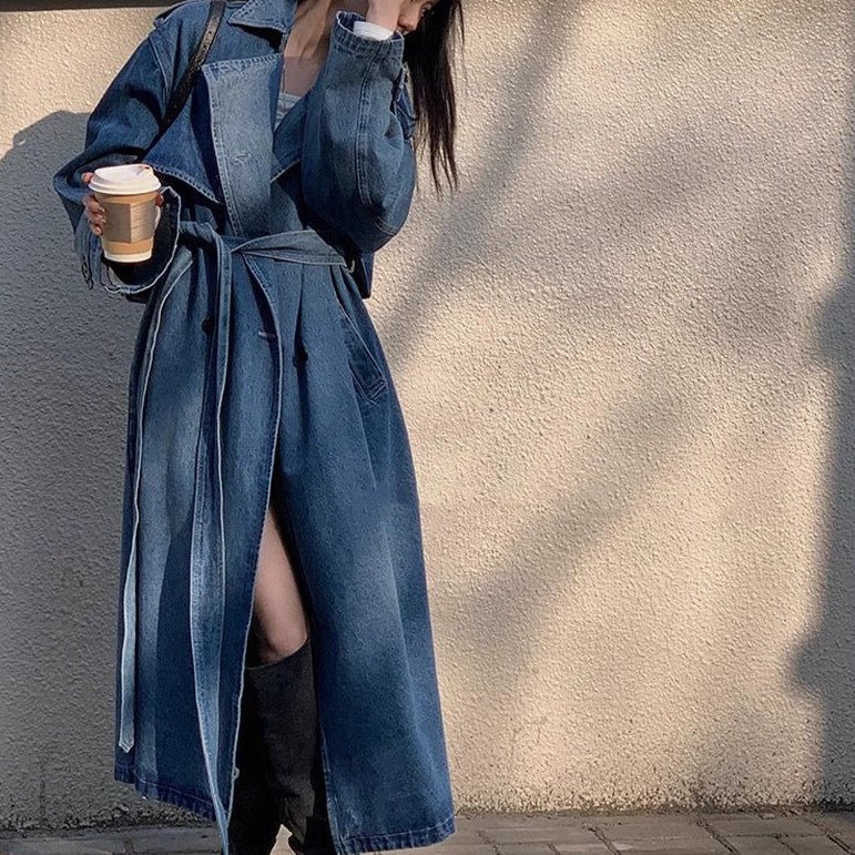 Oversized Denim Trench Coat | Belted Long Jacket with Notched Lapels(MS200) - Mariam's Collection