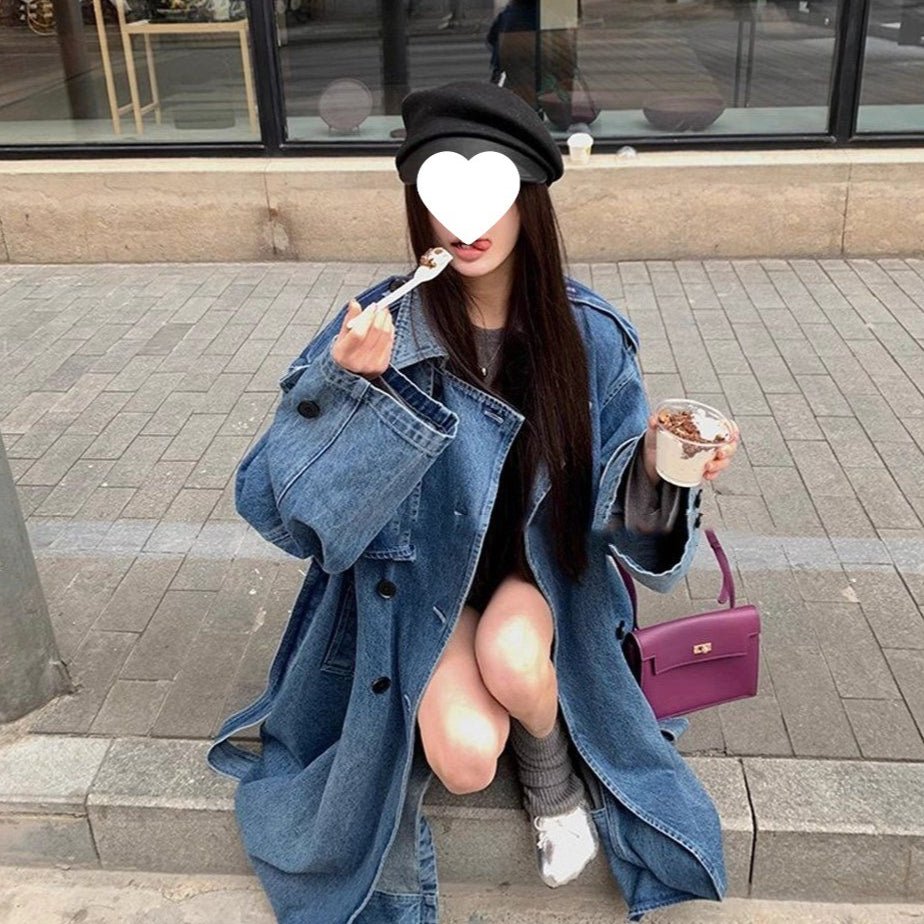 Oversized Denim Trench Coat | Belted Long Jacket with Notched Lapels(MS200) - Mariam's Collection