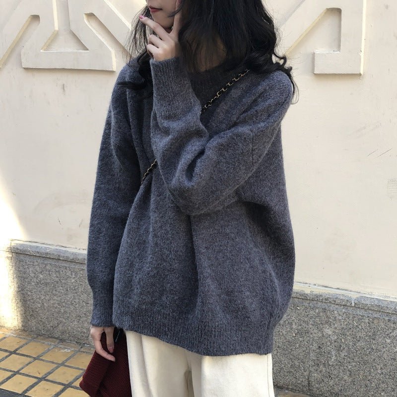 Oversized Round Neck Pullover Sweater | Solid Color Knit Base Layer Top(MS168) - Mariam's Collection