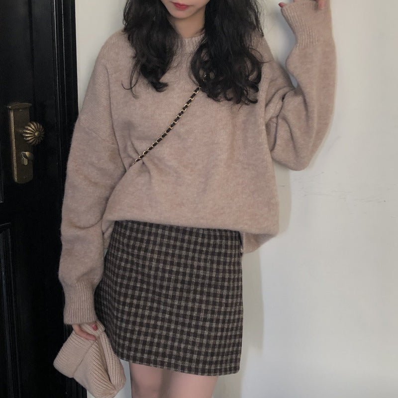 Oversized Round Neck Pullover Sweater | Solid Color Knit Base Layer Top(MS168) - Mariam's Collection