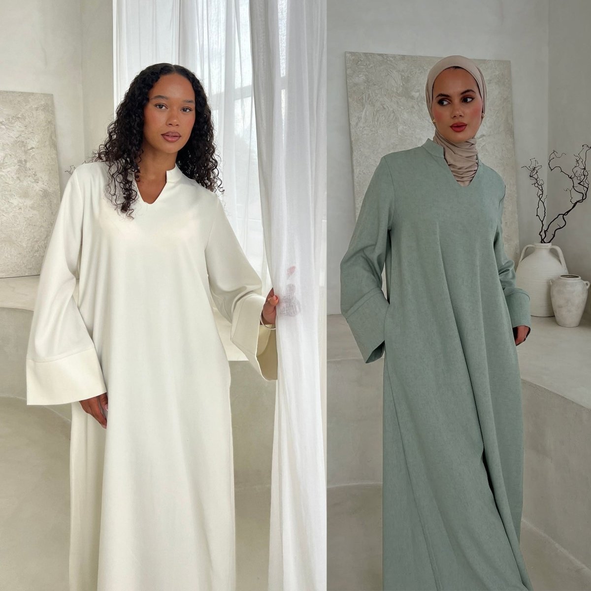 Oversized V - Neck Abaya with Pockets | Solid Color Maxi Dress with Wide Cuffs(MA331) - Mariam's Collection