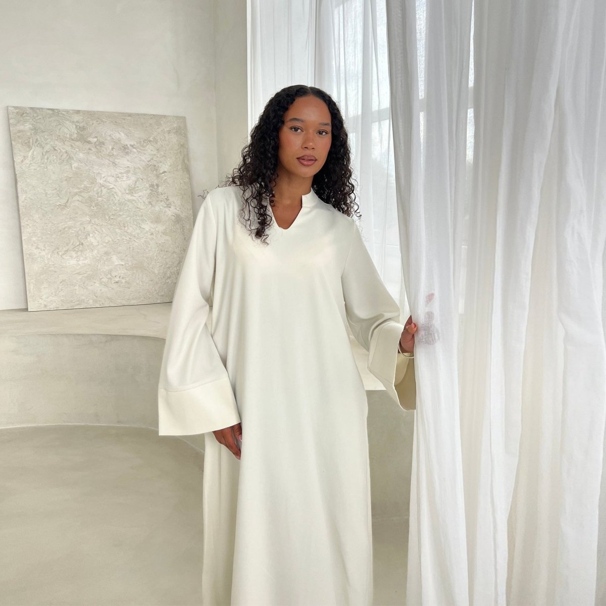 Oversized V - Neck Abaya with Pockets | Solid Color Maxi Dress with Wide Cuffs(MA331) - Mariam's Collection