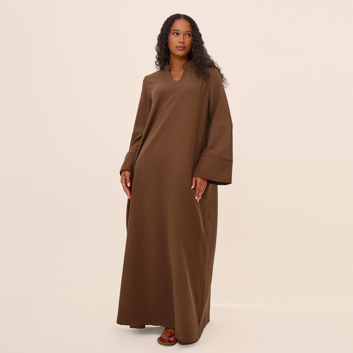 Oversized V - Neck Abaya with Pockets | Solid Color Maxi Dress with Wide Cuffs(MA331) - Mariam's Collection