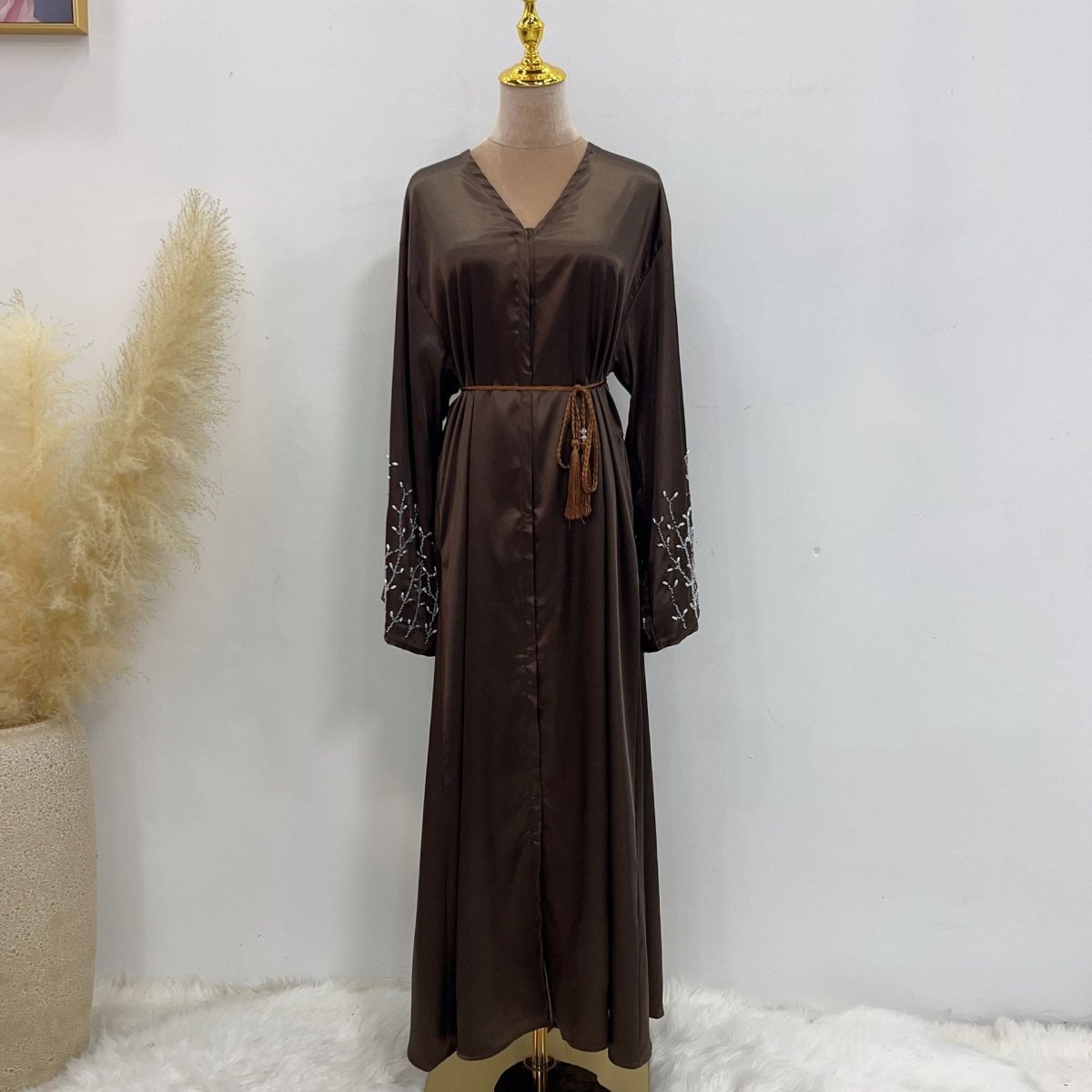 Party Abaya 2 - Piece Set With Solid Colour And Handmade Beads (MOA054) - Mariam's Collection