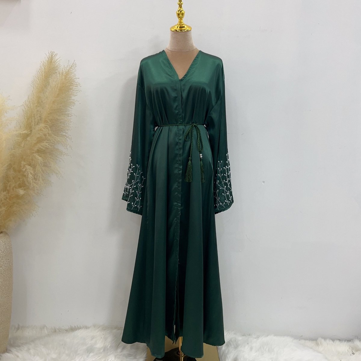 Party Abaya 2 - Piece Set With Solid Colour And Handmade Beads (MOA054) - Mariam's Collection