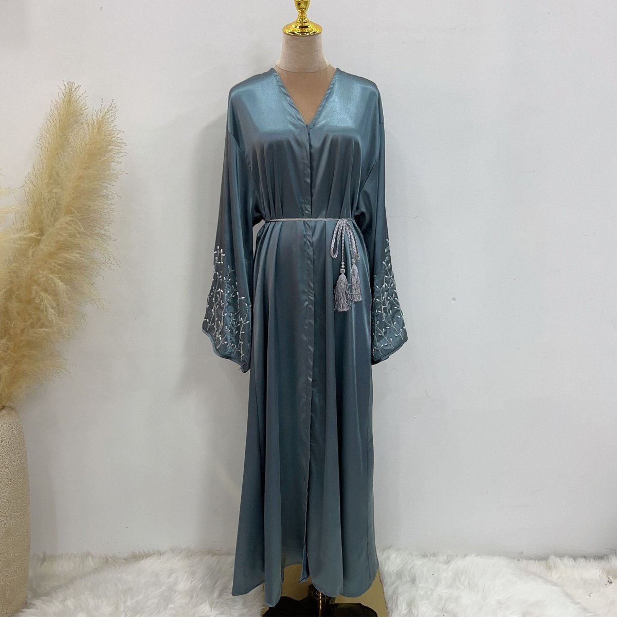 Party Abaya 2 - Piece Set With Solid Colour And Handmade Beads (MOA054) - Mariam's Collection