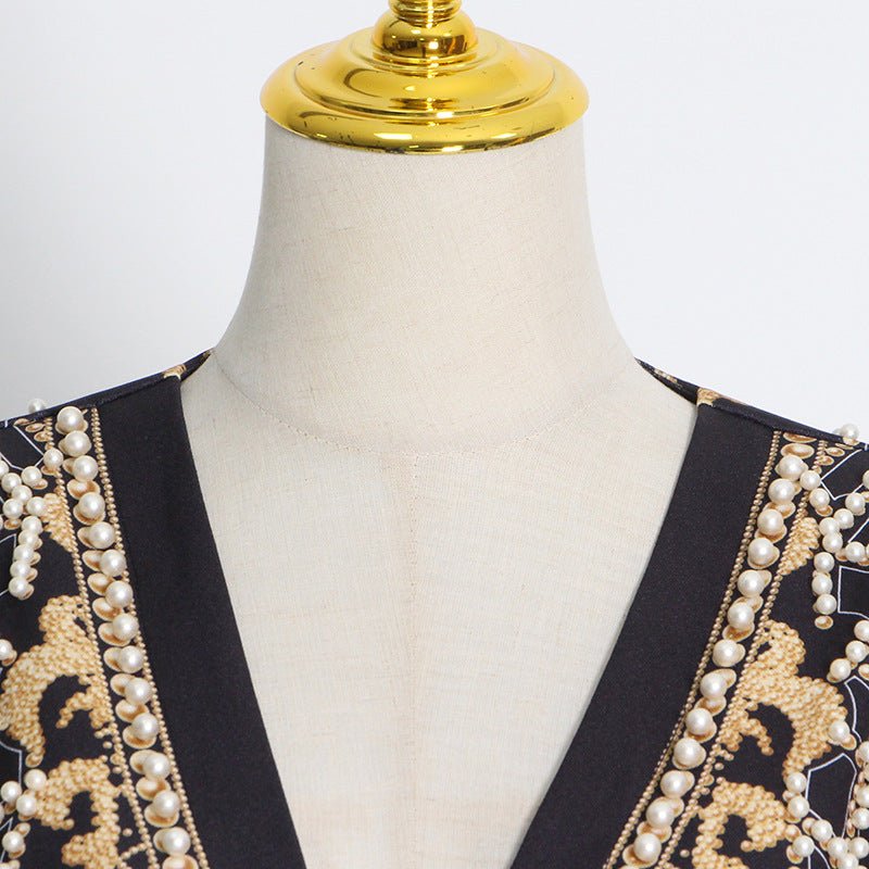 Pearl & Bead Embellished Vintage Blazer | Geometric Print Luxury Jacket(MS218) - Mariam's Collection