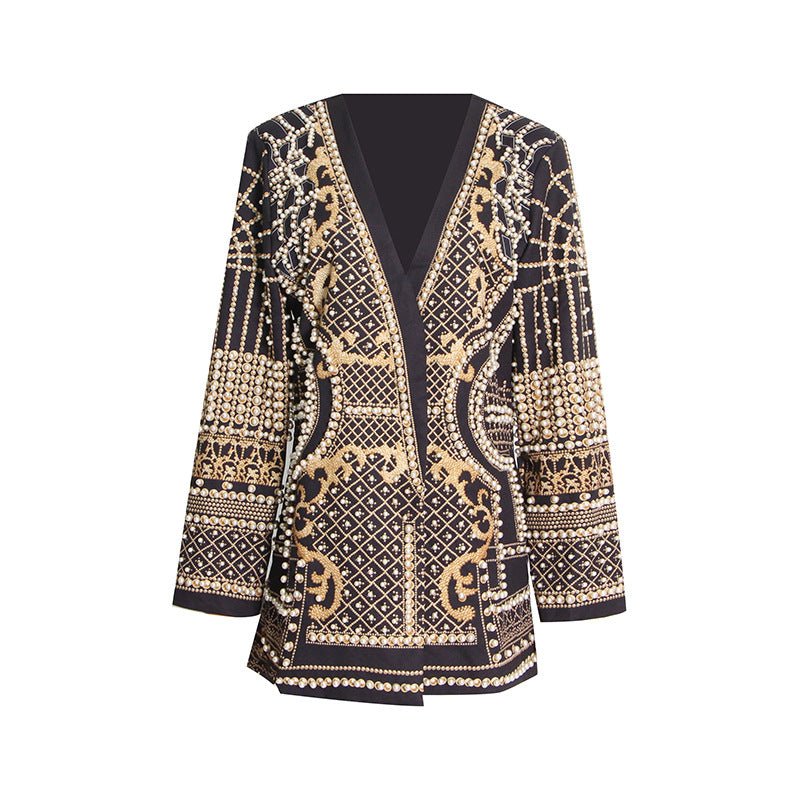 Pearl & Bead Embellished Vintage Blazer | Geometric Print Luxury Jacket(MS218) - Mariam's Collection