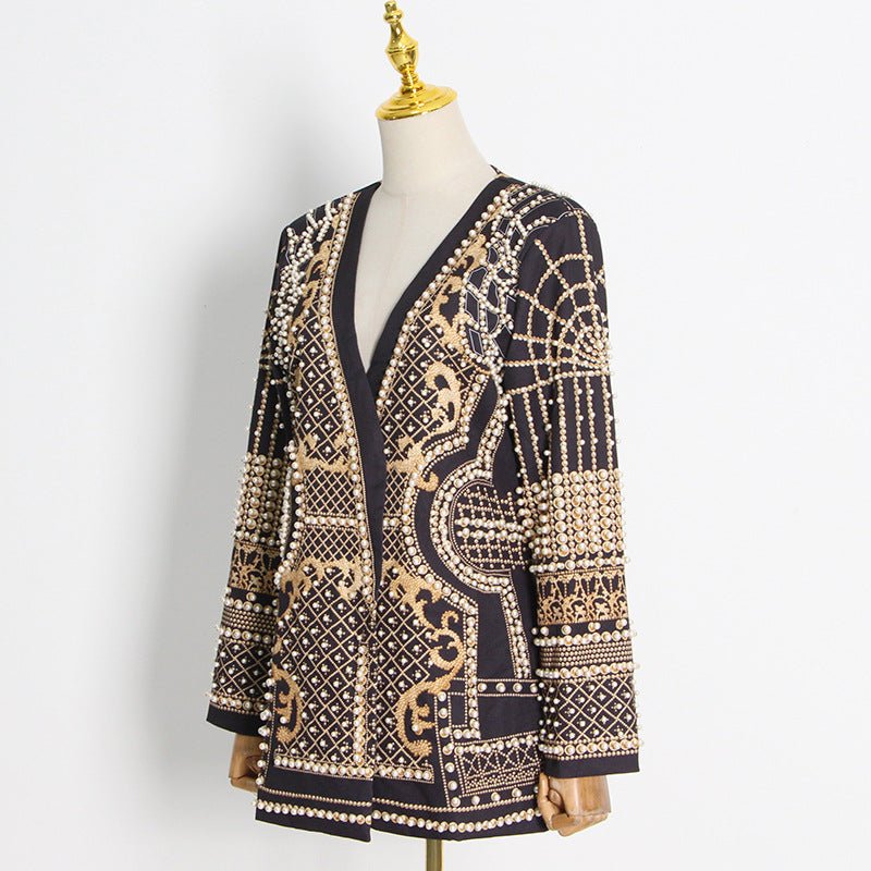 Pearl & Bead Embellished Vintage Blazer | Geometric Print Luxury Jacket(MS218) - Mariam's Collection