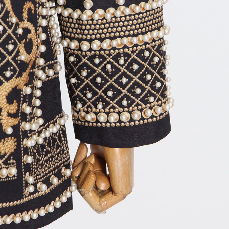 Pearl & Bead Embellished Vintage Blazer | Geometric Print Luxury Jacket(MS218) - Mariam's Collection