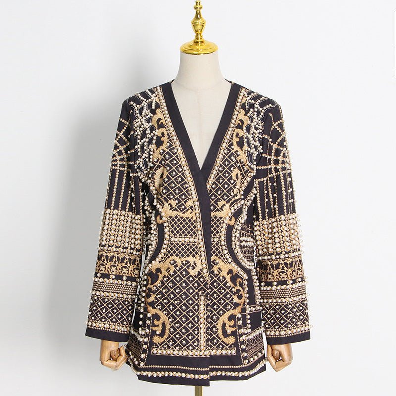 Pearl & Bead Embellished Vintage Blazer | Geometric Print Luxury Jacket(MS218) - Mariam's Collection