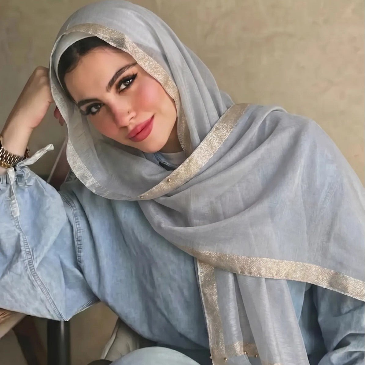 Pearl Beaded Gold Border Chiffon Hijab Shawl(MH236) - Mariam's Collection