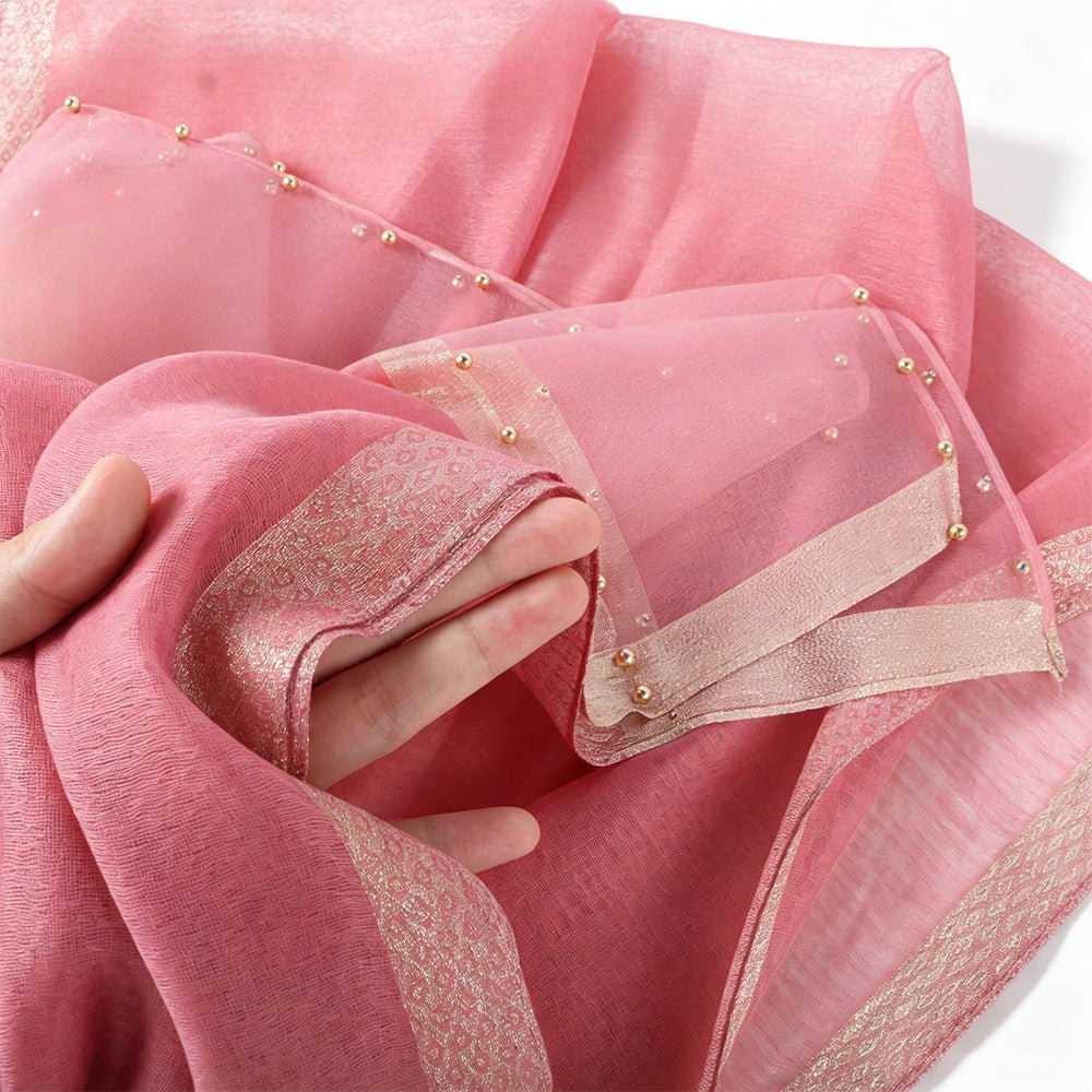 Pearl Beaded Gold Border Chiffon Hijab Shawl(MH236) - Mariam's Collection