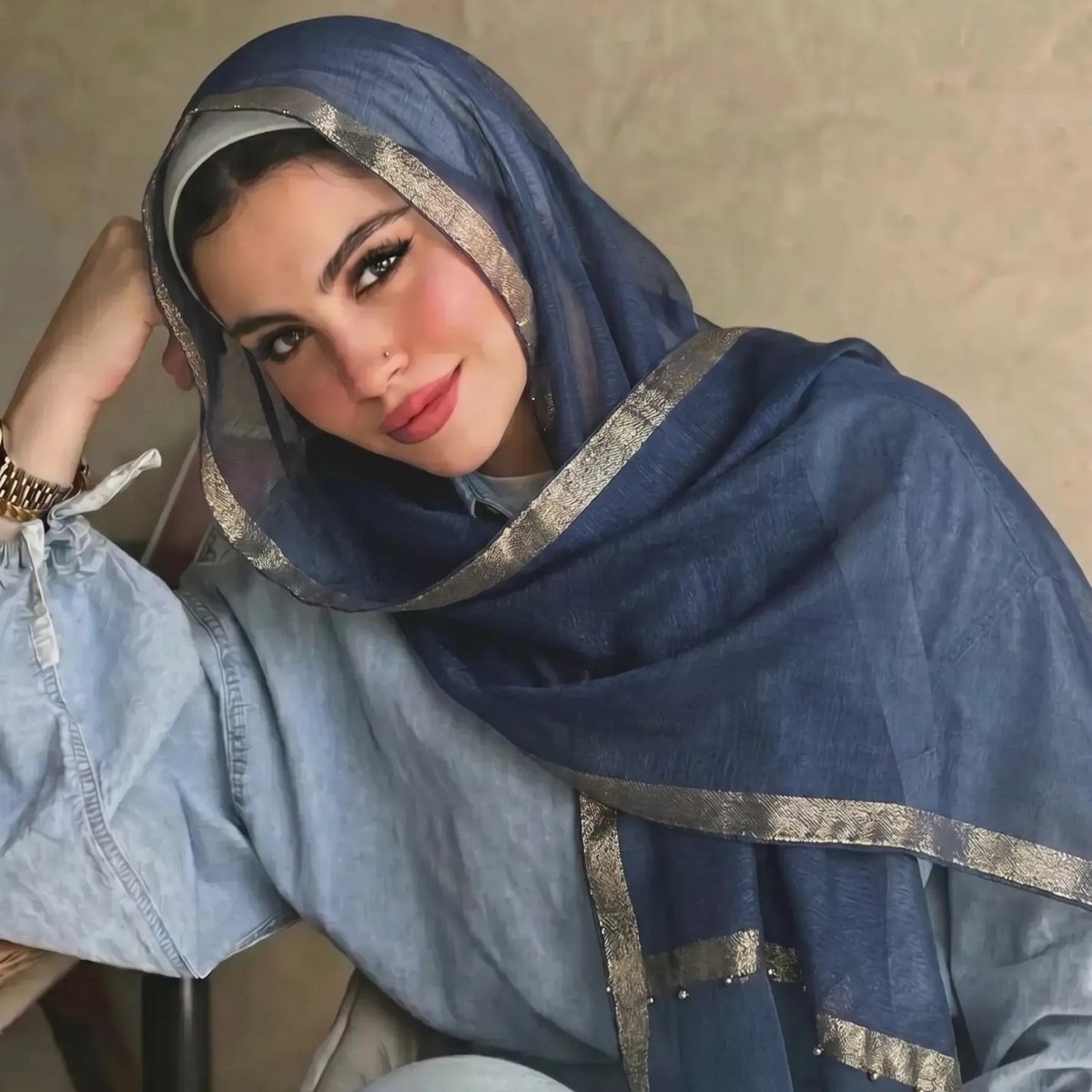 Pearl Beaded Gold Border Chiffon Hijab Shawl(MH236) - Mariam's Collection