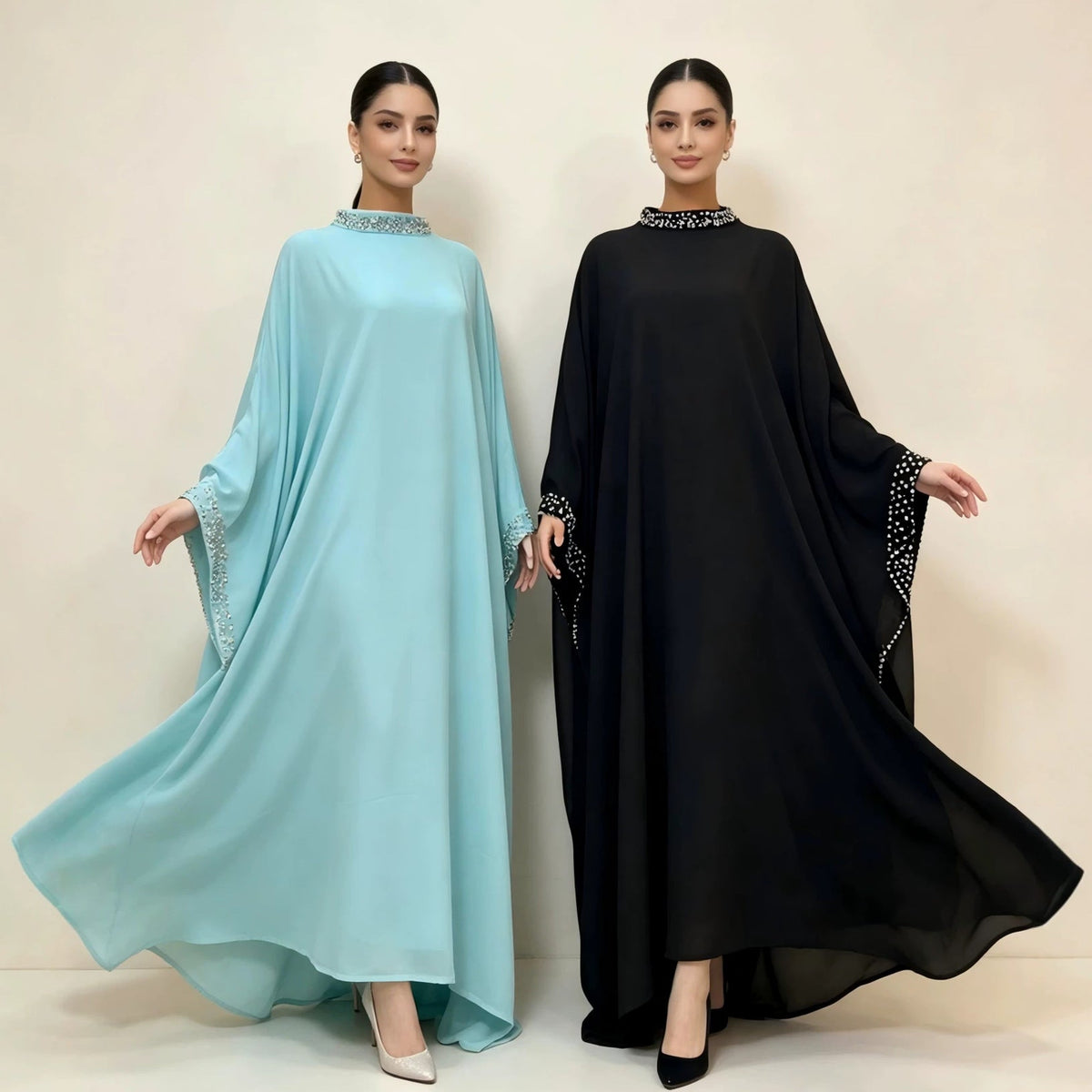 Pearl & Crystal Batwing Abaya – Embellished Stand Collar Maxi