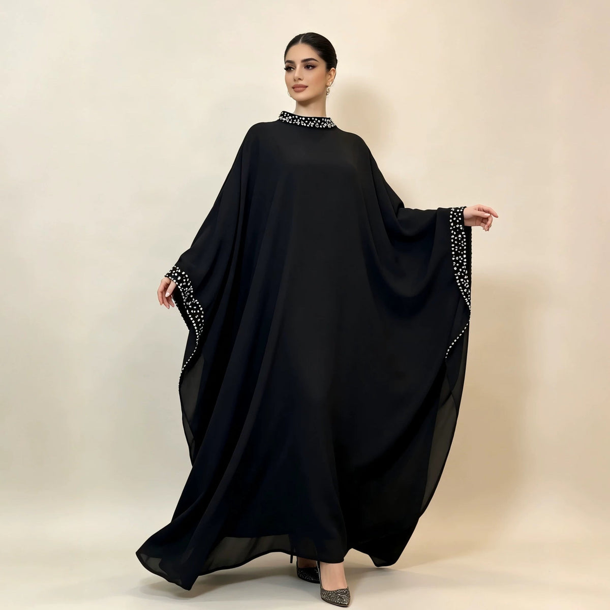 Pearl & Crystal Batwing Abaya – Embellished Stand Collar Maxi