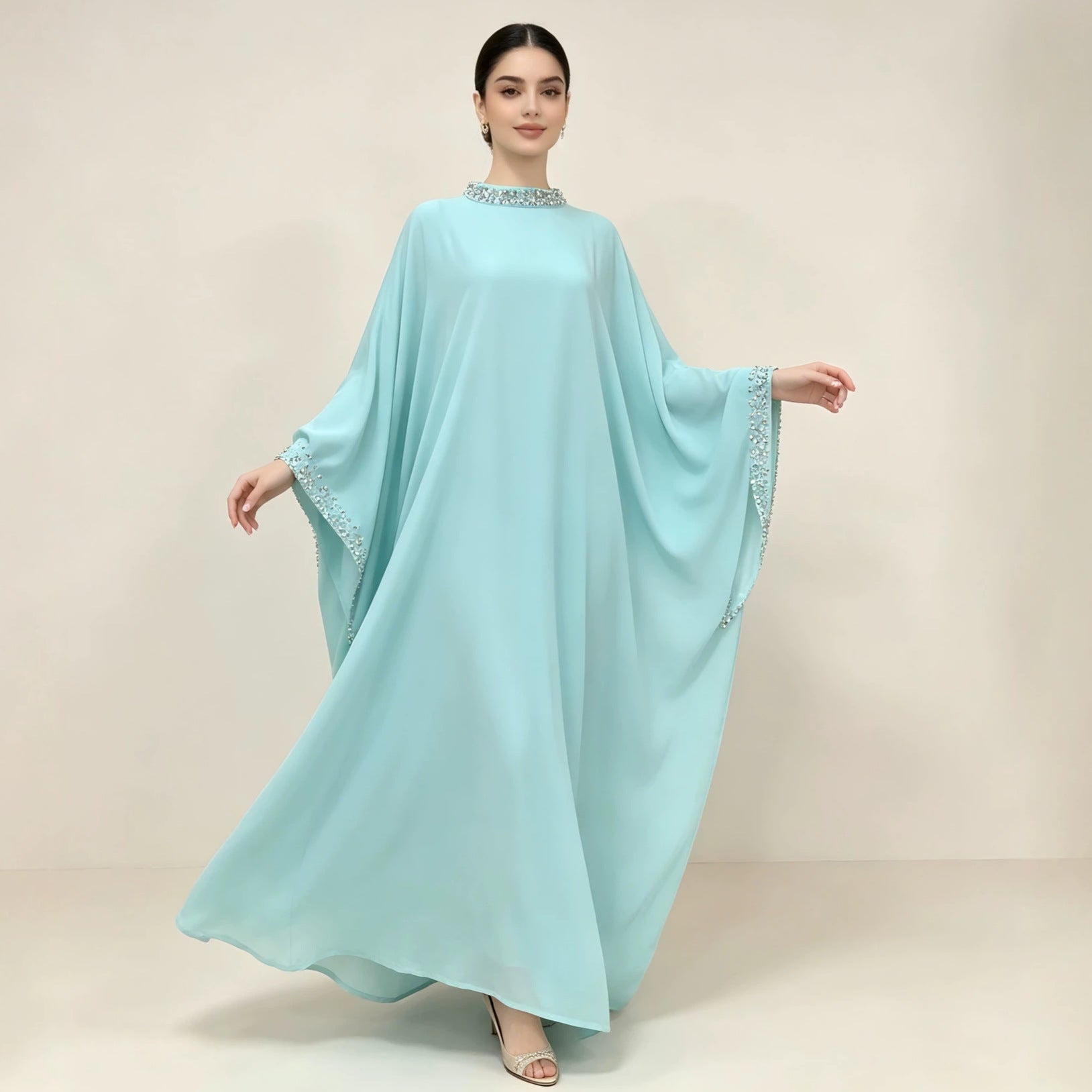 Pearl & Crystal Batwing Abaya – Embellished Stand Collar Maxi