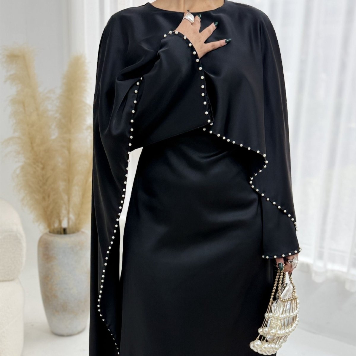 Pearl Embellished Kaftan Abaya | Luxury Cape Sleeve Maxi Dress(MA382) - Mariam's Collection