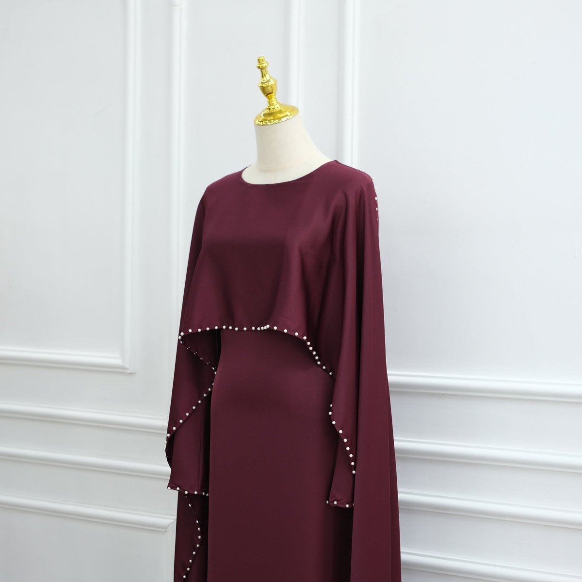 Pearl Embellished Kaftan Abaya | Luxury Cape Sleeve Maxi Dress(MA382) - Mariam's Collection