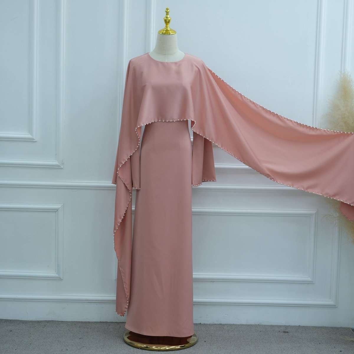 Pearl Embellished Kaftan Abaya | Luxury Cape Sleeve Maxi Dress(MA382) - Mariam's Collection